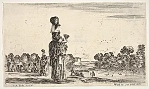 A lady standing in center holding a fan watching the bathers in the river to right, other ladies and men watching bathers to left in the background, from 'Various figures and lands' (Diverse figure e paesi) by Stefano della Bella|Israël Henriet