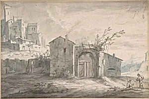 A landscape with a farm house and two figures, a fortified village seen beyond by Adriaen Fransz. Boudewijns