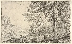 A landscape with a monk and an angel in the center, a town to the left (The Vision) by Claude Lorrain (Claude Gellée)