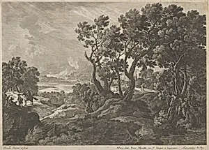A landscape with travellers at the left