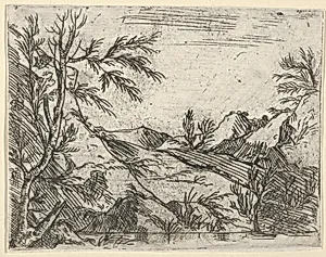 A landscape with water in the foreground and mountains in the distance by Salvator Rosa