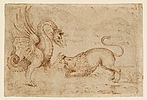 A Lion Confronting a Dragon by Anonymous, Italian, Tuscan, 16th century