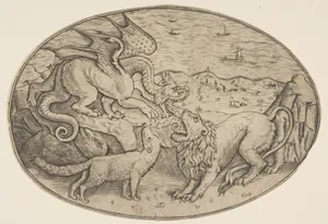 A lion, dragon and fox fighting each other, boats on the sea in the background, an oval composition