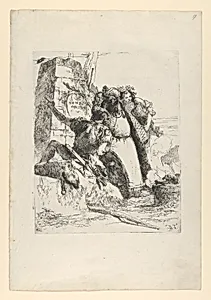 A magician, a soldier and three figures watching a burning skull from the Scherzi di Fantasia by Giovanni Battista Tiepolo