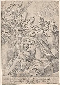 A male saint kneeling before the Christ child