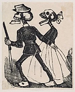 A male skeleton leading a female skeleton to the left, from a broaside entitled 'La Calavera de Cupido', published by Antonio Vanegas Arroyo. by José Guadalupe Posada