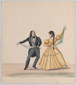 A man and a woman dancing, from a group of drawings depicting Peruvian dress