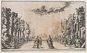 A man and two women conversing at center; young men standing to their right and young women to their left; ships in the distance; set design from 'Il Pomo D'Oro' by Ludovico Ottaviano Burnacini|Mathäus Küsel
