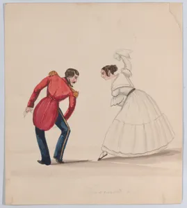 A man and woman dancing the Zamacueca, from a group of drawings depicting Peruvian dress