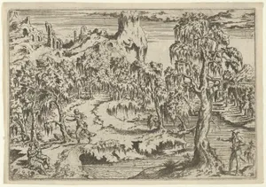 A Man Armed with a Saber Gestures Toward a Fleeing Woman