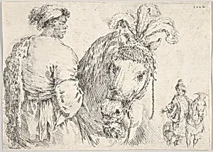 A man at left in profile giving a handful of hay to a horse at center, a horseman to the right in background by Stefano della Bella
