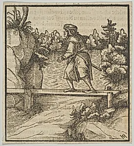 A Man Crossing a Small Bridge, from Hymmelwagen auff dem, wer wol lebt... by Hans Schäufelein|Hans von Leonrodt|Silvan Otmar