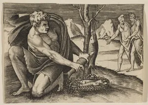 A man kneeling next to a basket of fish and taking one with both hands, two men at right in the background
