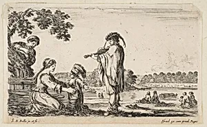 A man playing the violin in center, turned towards the left in profile, a seated woman to left playing with her dancing child, another woman standing and pointing behind a tree to left, seated women in a landscape to right in the background, from "Various figures and lands" (Diverse figure e paesi) by Stefano della Bella|Israël Henriet