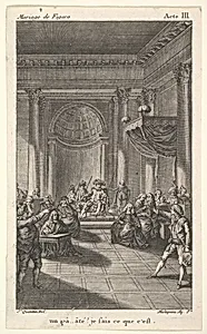 A man seated in a chair on a stepped platform holds an audience, two pointing men stand in the foreground, from a series of five illustrations after Jacques Philippe Joseph de Saint-Quentin for 'The mad day, or the marriage of Figaro' (La Folle journée, ou le mariage de Figaro) by Pierre Augustin Caron de Beaumarchais by Jacques Philippe Joseph de Saint Quentin|Claude Nicolas Malapeau
