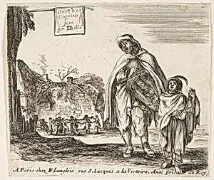 A man sings and plays the hurdy gurdy, accompanied by a boy playing the triangle to right, a group of peasants dancing in a ring to left in background, plate 1 and title page for "Diversi capricci" by Stefano della Bella|Nicolas Langlois