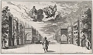 A man stands at center, flanked by rows of buildings; above Jupiter atop an eagle and Juno accompanied by a peacock, converse among the clouds; set design from 'Il Pomo D'Oro' by Ludovico Ottaviano Burnacini|Mathäus Küsel