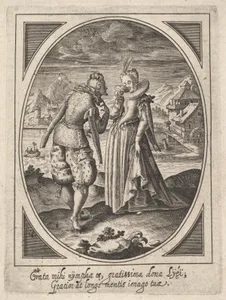 A man steps toward a woman who holds a goblet to her mouth, a watermill and mountains beyond, an oval composition