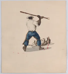 A man viewed from behind beating a dog with a stick, from a group of drawings depicting Peruvian dress