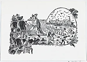A man warning townspeople about what could happen to them from a broadside entitled 'Deportados a las Islas Marias' by José Sanchez|José Guadalupe Posada