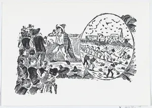 A man warning townspeople about what could happen to them from a broadside entitled 'Deportados a las Islas Marias'