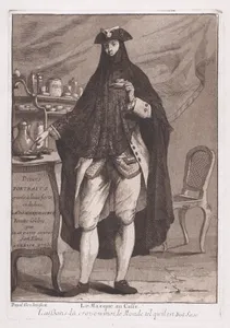 A man wearing a mask drinking a cup of coffee (Le Masque au Caffé), title page to "Divers Portraits"