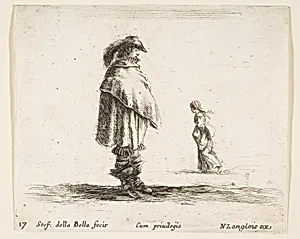 A man wearing a plumed hat in center facing right, a woman walking towards the left in the background, plate 17 from "Diversi capricci" by Stefano della Bella|Nicolas Langlois