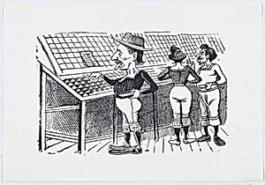 A man wearing bloomers and a hat looking through merchandise by José Guadalupe Posada|José Sanchez