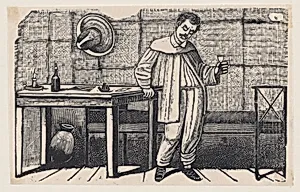 A man with a glass in his hand looking downwards and leaning on a table, an illustration from 'El huérfano' by José Guadalupe Posada