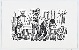 A man with a pitcher in his hand tapping the shoulder of another man resting on wooden beam by José Sanchez|José Guadalupe Posada