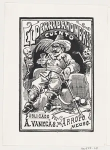 A man with weapons and a pipe in his mouth flanked by two skeletons, illustration for 'El Derribahombres,' published by Antonio Vanegas Arroyo