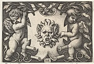 A Mask on an Escutcheon Supported by Two Genii