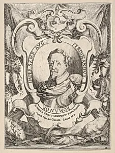 A mid-bust portrait of Emperor Ferdinand II, within an oval frame, surrounded by armor by Stefano della Bella