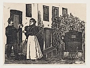 A middle-class couple (Maria la chiquita) outside a house with a waiting coach by José Guadalupe Posada
