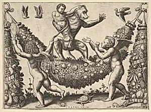 A monkey holding a bound putto standing on a garland in front of which are two winged putti, from a series of tapestries made for Leo X by Master of the Die|Antonio Lafreri|Raphael (Raffaello Sanzio or Santi)