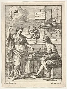 A monkey working a mortar and pestle, below Lorenzo Lippi (?) writing his humorous poem 'Malmantile Racquistato', a muse standing at left by Francesco Zucchi|Lorenzo Lippi