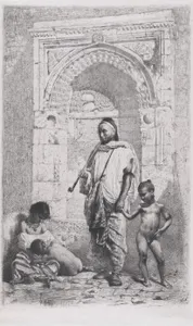 A Moroccan family in front of an arch, father standing, mother lower left on the ground holding a child