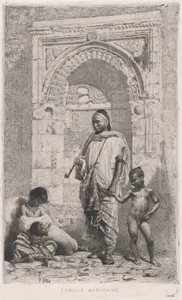 A Moroccan family in front of an arch, father standing, mother lower left on the ground holding a child