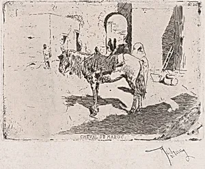 A Moroccan horse standing before an arch