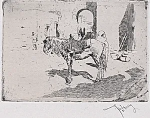 A Moroccan horse standing before an arch