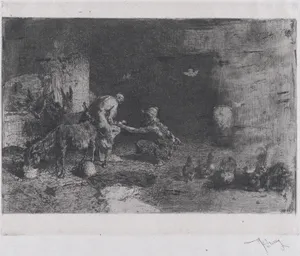 A Morrocan farrier at left accompanied by another figure attending to the hoof of a mule