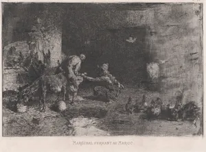 A Morrocan farrier at left accompanied by another figure attending to the hoof of a mule