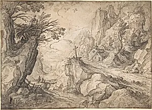 A Mountainous River Landscape with a Hermit and a Chapel by Matthijs Bril the Younger