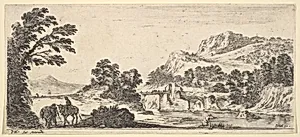 A mule carrying a woman and a peasant walking with a mule to left, a fisherman to right casting his line towards the right, a bridge in the center background, from 'Various landscapes' (Divers paysages) by Stefano della Bella|Israël Henriet