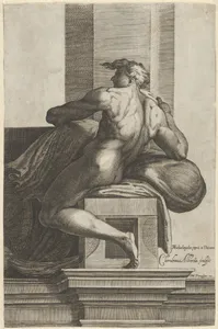 A naked man (Ignudo), seated and facing left, after Michelangelo's 'The Last Judgment' fresco in the Sistine Chapel