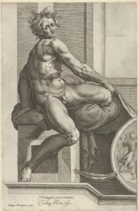 A naked man (Ignudo), twisting towards the right, holding drapery, after Michelangelo's 'The Last Judgment' fresco in the Sistine Chapel