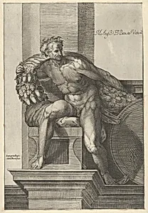A naked man (Ignudo) with a garland with acorns over his shoulders, after Michelangelo's 'The Last Judgment' fresco in the Sistine Chapel by Cherubino Alberti (Zaccaria Mattia)|Michelangelo Buonarroti