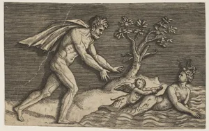 A naked man pursing a naiad and a cupid into the water