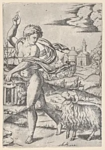 A naked young man walking left, carrying a lantern and looking backwards over his shoulder at a ram by Marcantonio Raimondi|Raphael (Raffaello Sanzio or Santi)