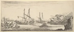 A naval battle, a rowboat full of men to left, a sinking ship to right, two galleys battling in center, other ships battle to left in the background, from 'Various landscapes' (Divers paysages) by Stefano della Bella|Israël Henriet